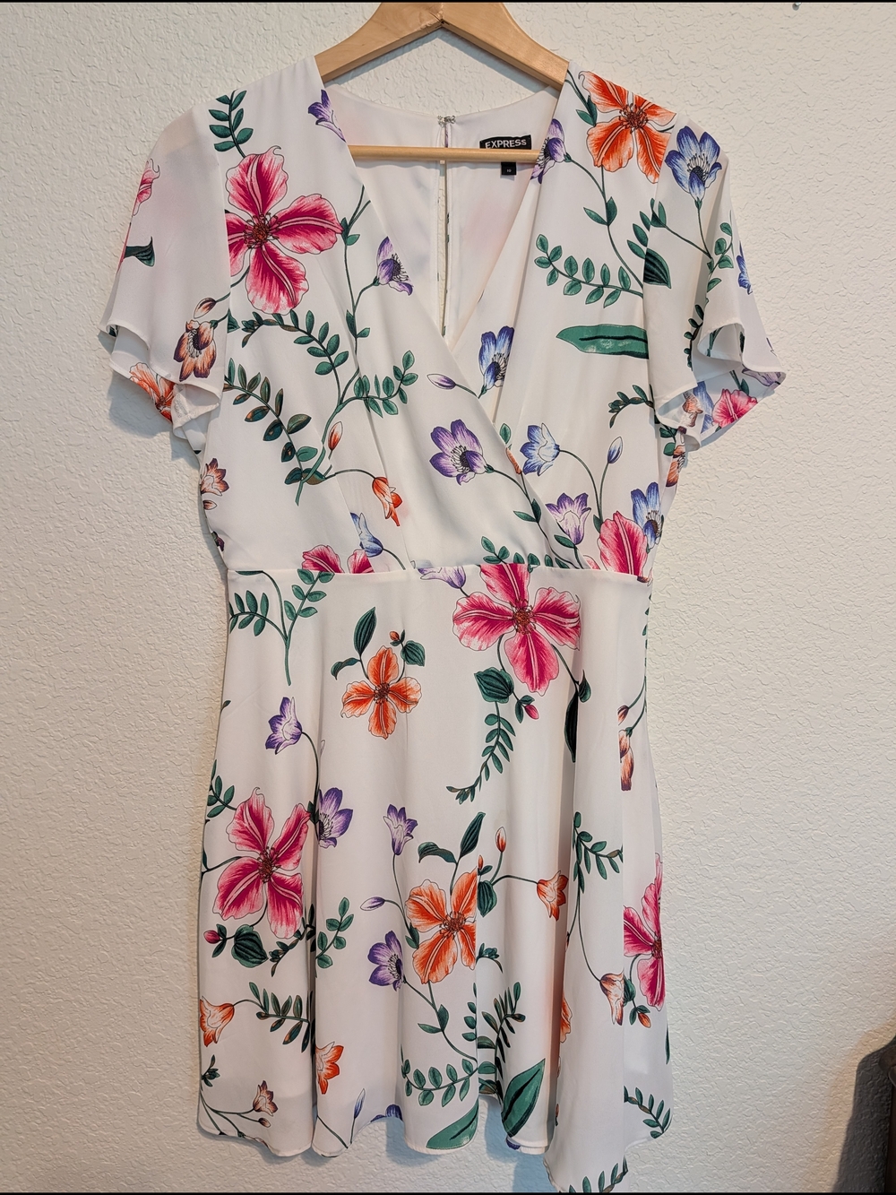 Express White Floral Wrap Dress with Pink, Orange & Purple Flowers
